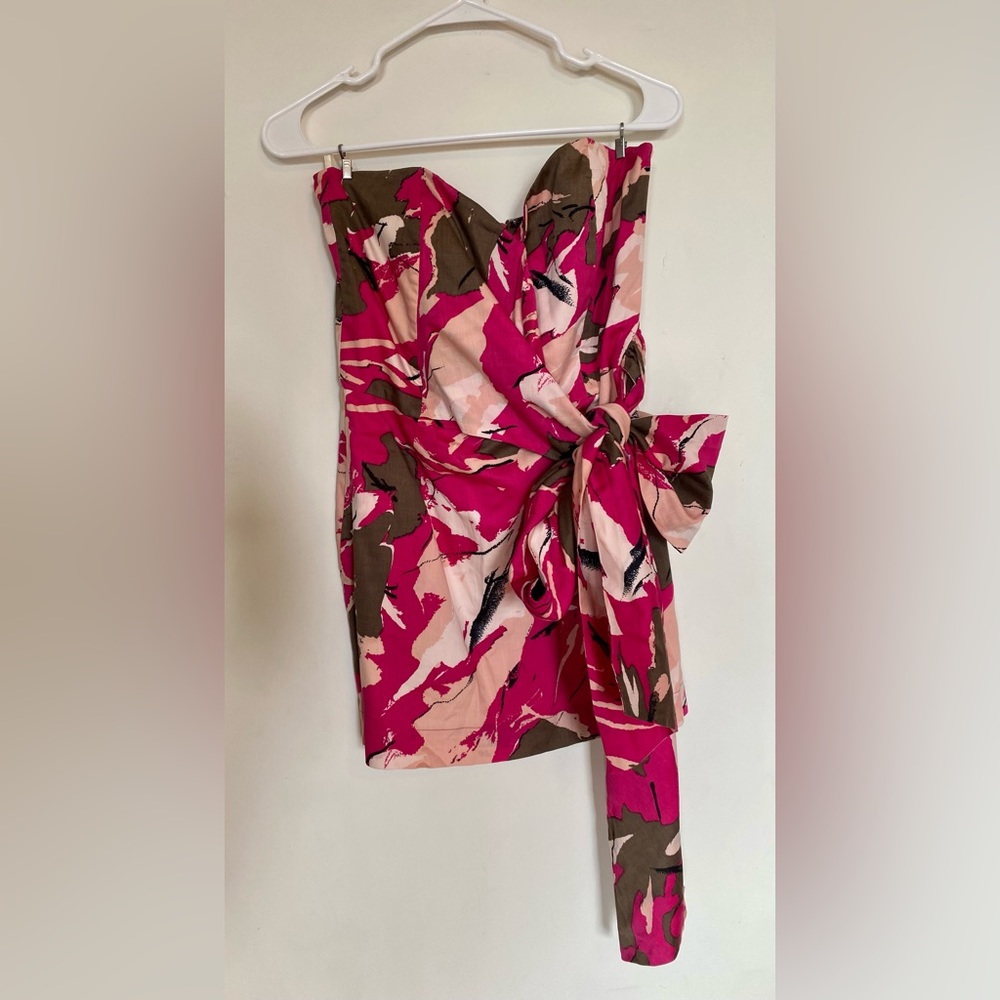 French Connection party dress, pink print with tie detail at waist, size 10.